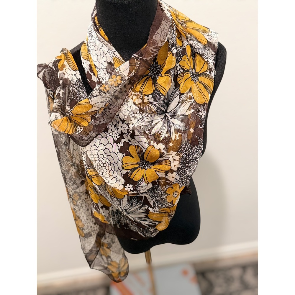 Vintage Floral 100% Silk‎ Scarf Mustard Yellow Brown White Botanical Print Scarf